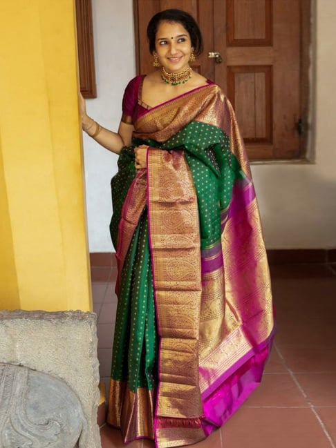 Satrani Bottle Green Woven Saree With Unstitched Blouse Price in India