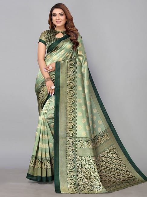 Satrani Pista Green Woven Saree With Unstitched Blouse Price in India