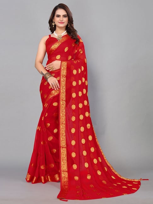 Satrani Red Woven Saree With Unstitched Blouse Price in India