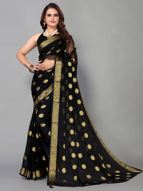 Satrani Black Woven Saree With Unstitched Blouse Price in India