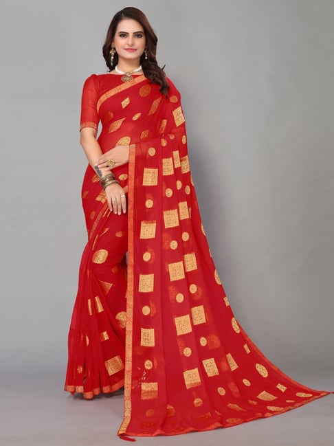 Satrani Red Woven Saree With Unstitched Blouse Price in India