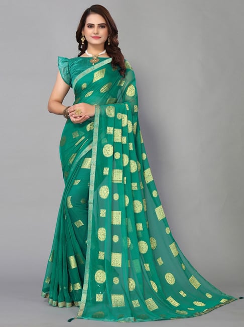 Satrani Green Woven Saree With Unstitched Blouse Price in India