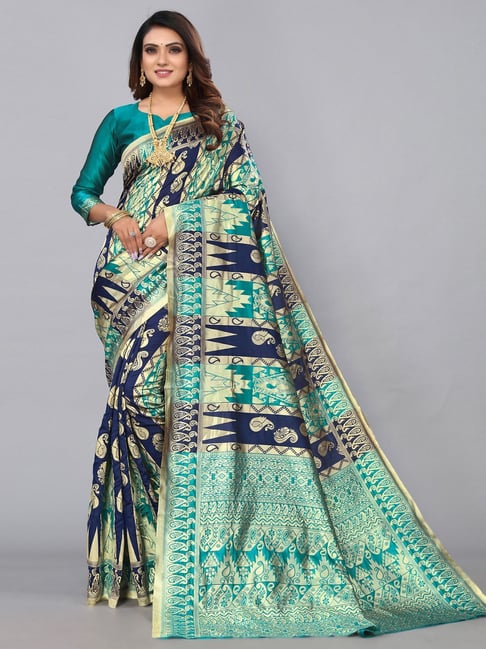 Satrani Multicolored Woven Saree With Unstitched Blouse Price in India