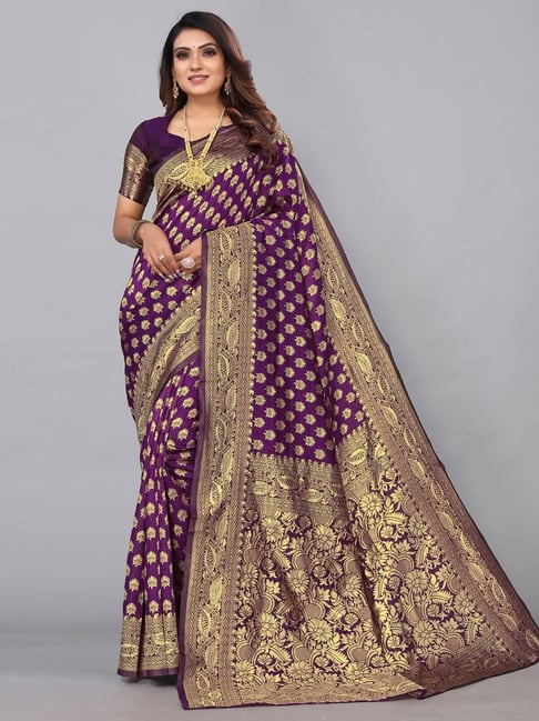 Satrani Purple Woven Saree With Unstitched Blouse Price in India