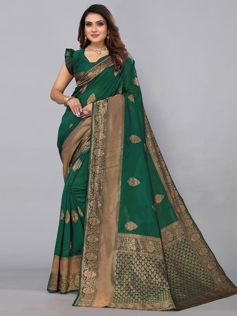 Satrani Green Woven Saree With Unstitched Blouse Price in India