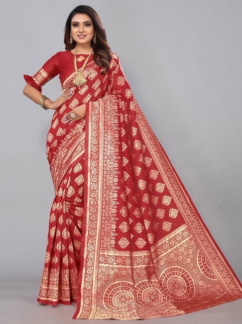 Satrani Red Woven Saree With Unstitched Blouse Price in India