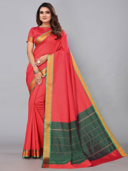 Satrani Red Woven Saree With Unstitched Blouse Price in India