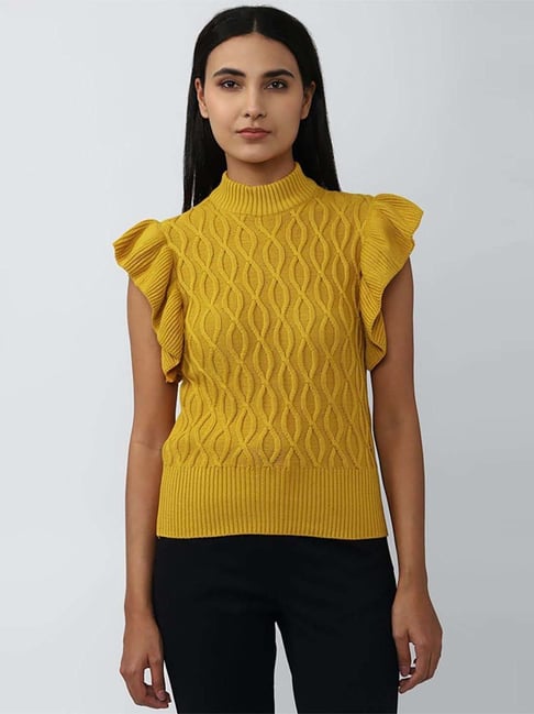 Van Heusen Yellow Cotton Crochet Pattern Sweater-picture-40