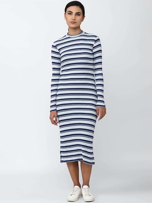 Van Heusen White & Blue Striped Shift Dress Price in India