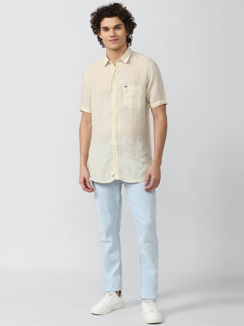 Linen Club Yellow Printed Regular Fit Linen Shirt For Men