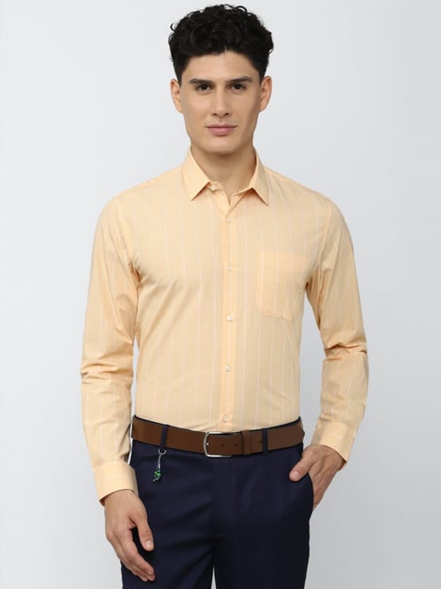 Peter England Orange Regular Fit Striped Shirt