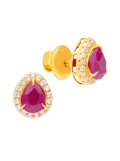 Ruby Stud Earrings with Diamond in 14k Gold For Sale at 1stDibs