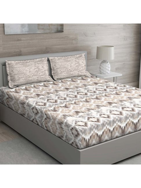 GM 'Regal' Beige & Brown Cotton 144 TC Double Bedsheet with 2 Pillow Covers-picture-43