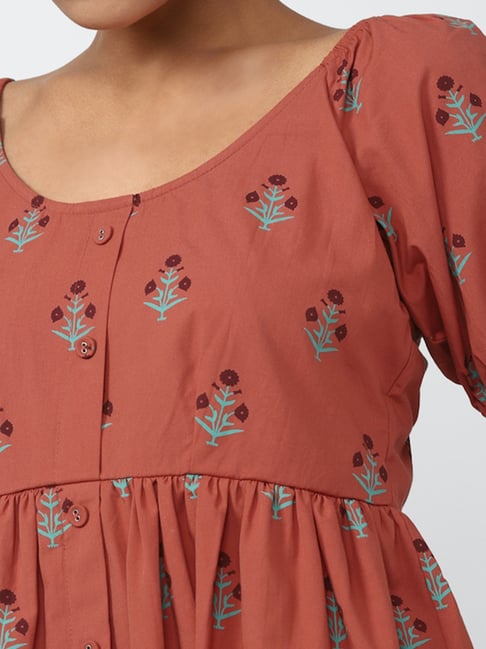Buy Forever 21 Rust Floral Print Cotton Fit Flare Dress for