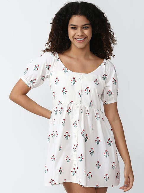 Forever 21 White Floral Print Cotton Fit & Flare Dress