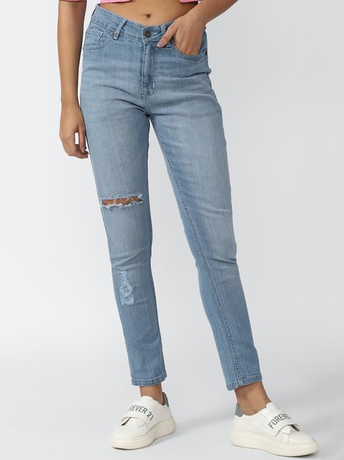 Forever 21 Blue Distressed Regular Fit Mid Rise Jeans