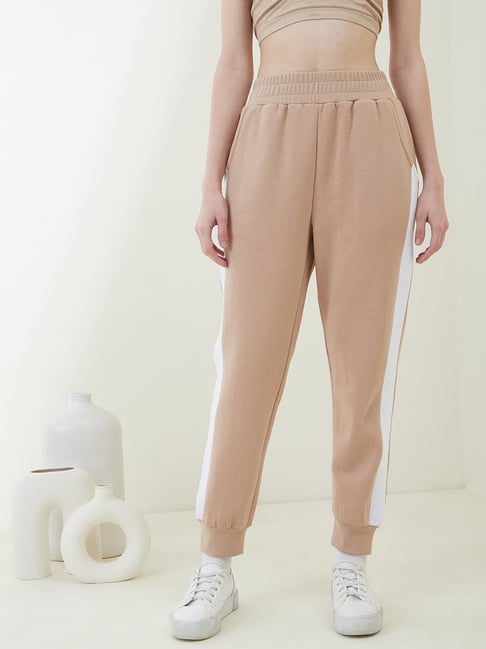 Femella Beige Cotton Color-Block Ribbed Joggers