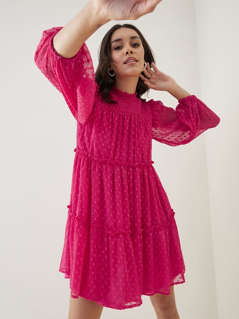 Femella Pink Cotton Self Design Smocked Tier Fit & Flare Dress Price in India