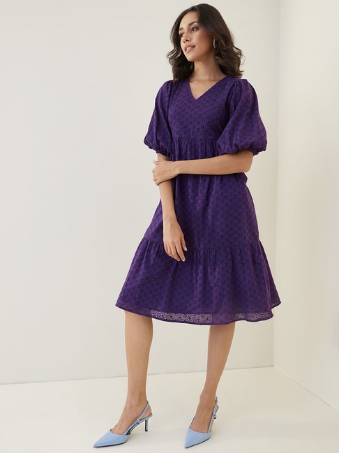 Femella Purple Cotton Self Design Midi Dress Price in India