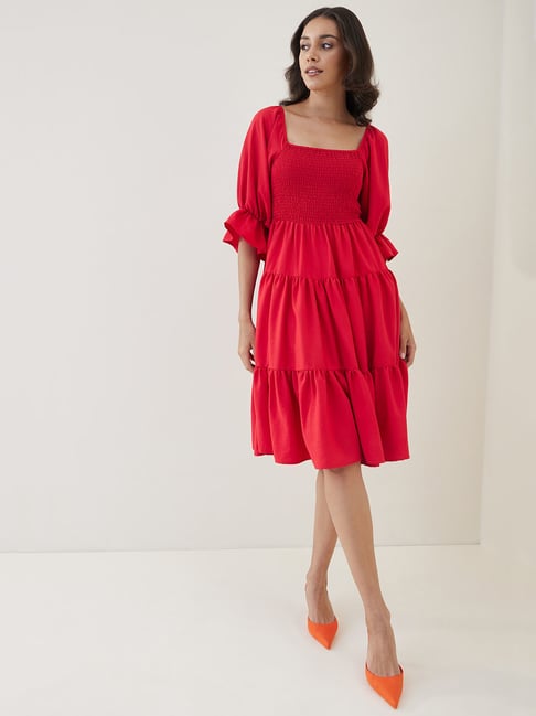 Femella Red Midi Smocked Tiered Fit & Flare Dress