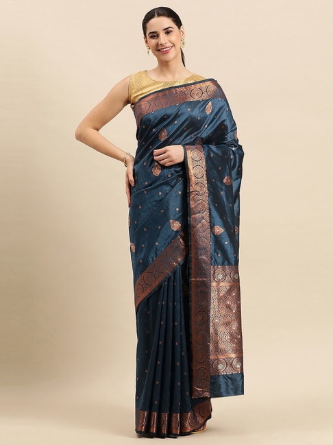 Sangam Prints Navy Silk Woven Saree With Unstitched Blouse Price in India