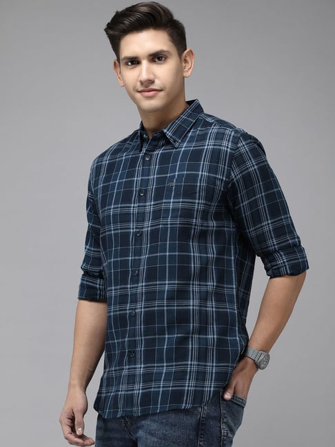 The Bear House Navy Cotton Slim Fit Check Shirt