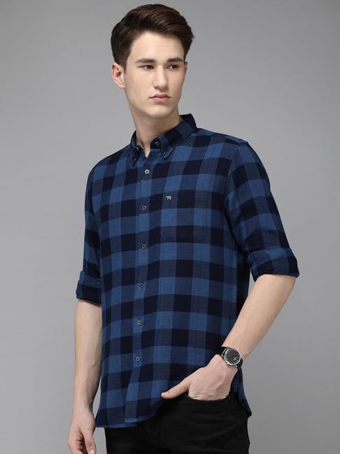 The Bear House Navy Cotton Slim Fit Check Shirt