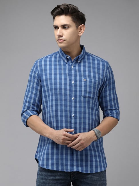 The Bear House Blue Cotton Slim Fit Check Shirt