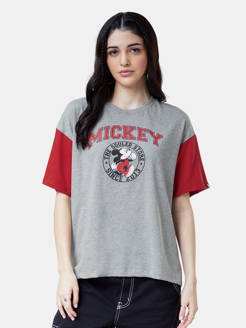 The Souled Store Red & Grey Disney: Mickey Mouse Printed Oversized T-Shirt