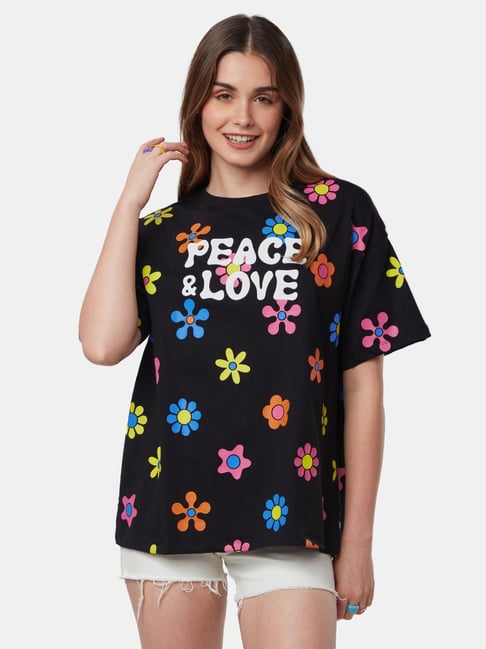 Buy The Souled Store Black Peace Love Printed Oversized T-Shirt