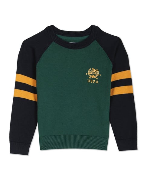 U S Polo Assn U.S. Polo Assn. Kids Dark Green Self Design Full Sleeves Sweater