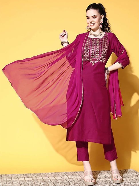 Ishin Pink Embellished Kurta & Pant Set With Dupatta