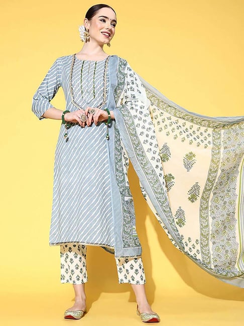 Ishin Blue & Off-White Cotton Printed Kurta & Pant Set With Dupatta