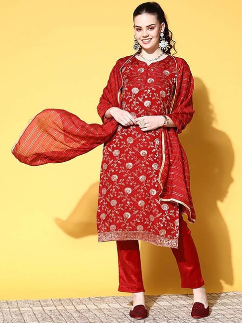 Ishin Red Woven Pattern Kurta & Pant Set With Dupatta