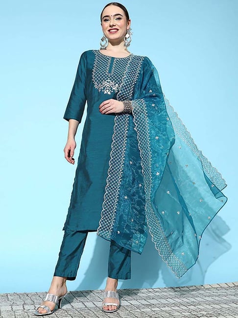 Ishin Blue Embellished Kurta & Pant Set With Dupatta