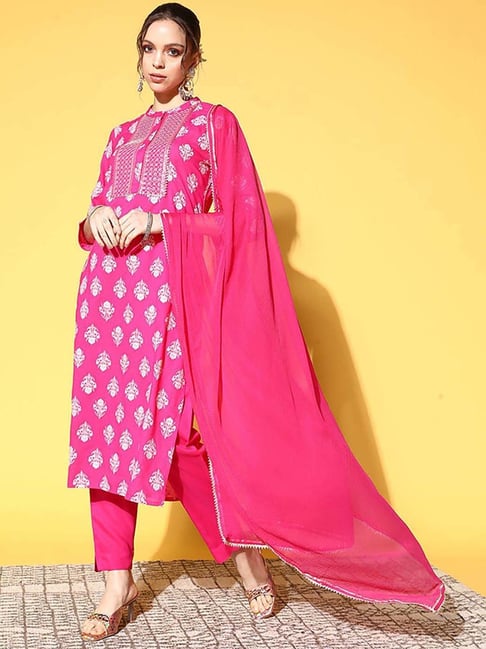 Buy Blue Pure Cambric Cotton Printed Kurta Set With Dupatta at Best Price