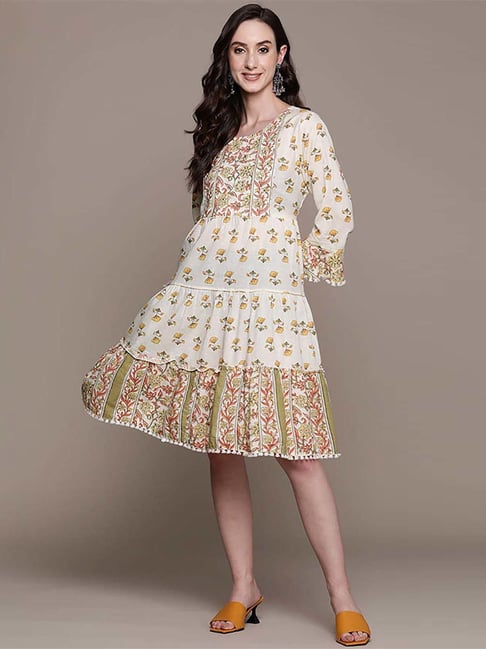 Ishin Off-White Cotton Embroidered A-Line Dress Price in India