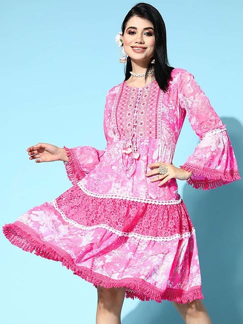 Ishin Pink Cotton Embroidered A-Line Dress Price in India