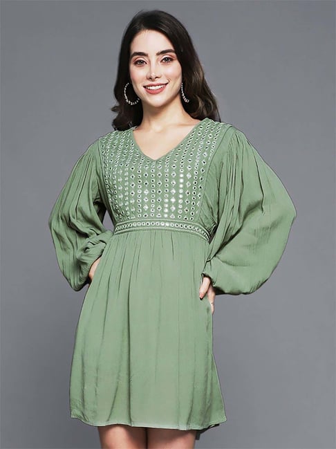 Ishin Green Embellished A-Line Dress Price in India