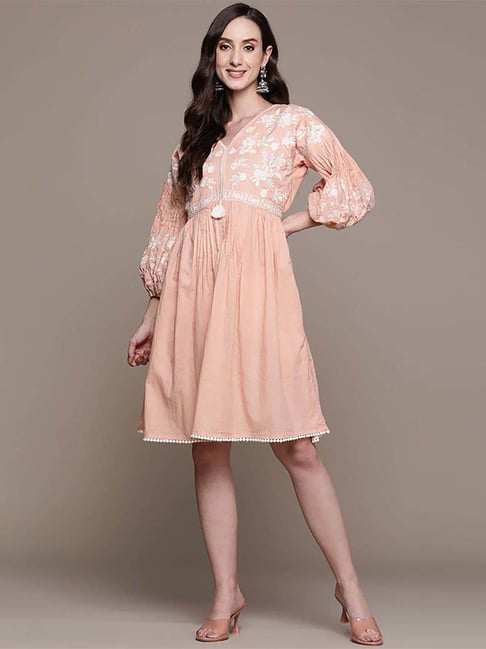 Ishin Peach Cotton Embroidered A-Line Dress Price in India