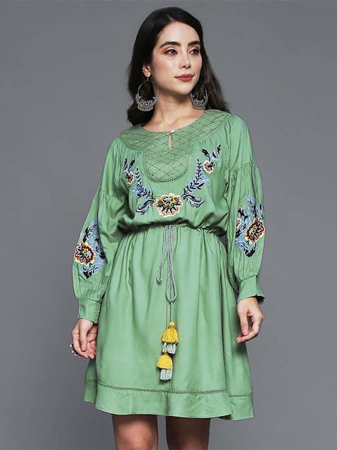 Ishin Green Cotton Embroidered A-Line Dress Price in India
