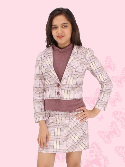 Cutecumber Mauve Checks Full Sleeves Coat with Skirt