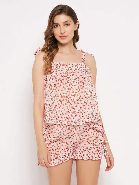 Clovia White Printed Resortwear Top With Shorts