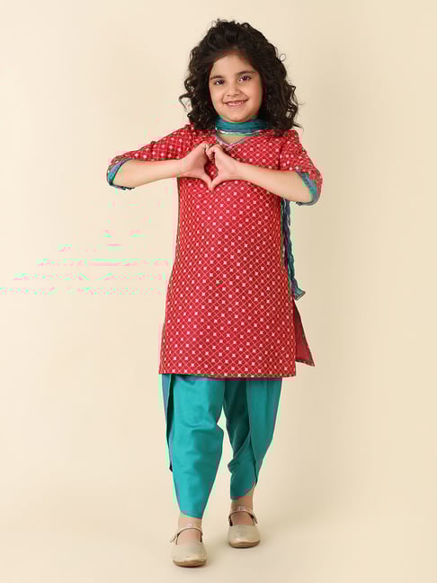 Fabindia Kids Magenta Green Printed Kurta, Dhoti with Dupatta