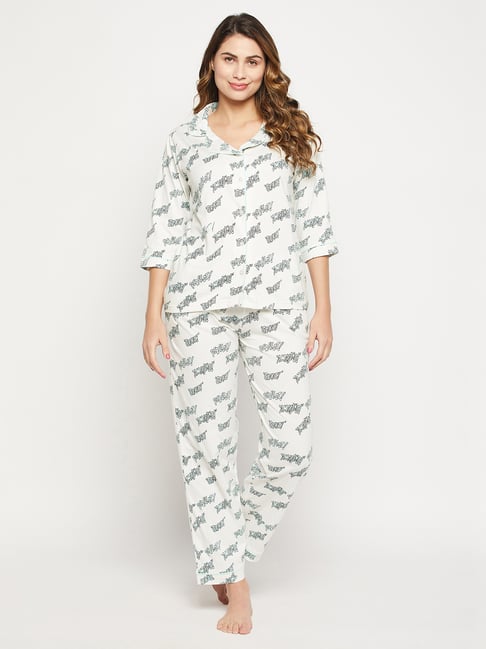 Clovia White Printed Cotton Lounge Pants