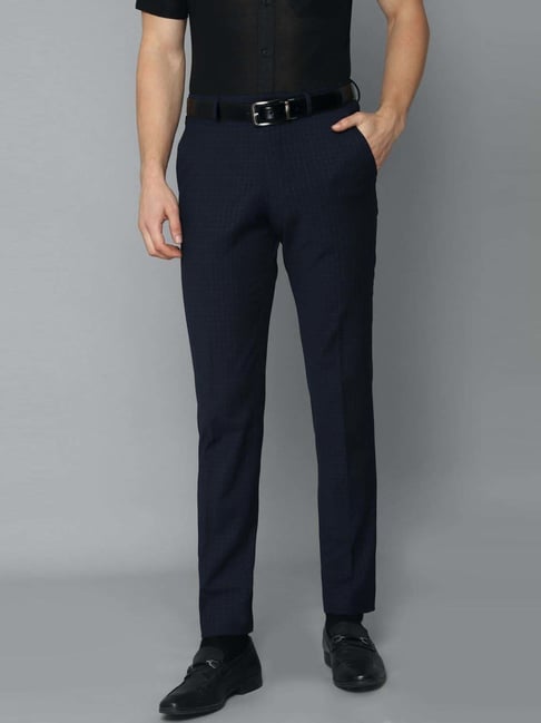 Louis Philippe Navy Blue Slim Fit Checks Trousers-picture-24