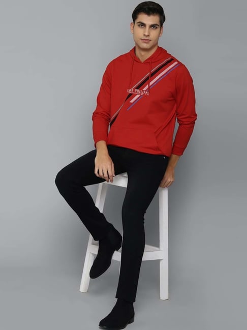 Louis Philippe Sport Red Regular Fit Printed Hooded Sweatshirt