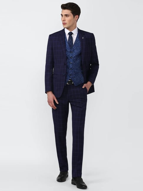 Van Heusen Navy Slim Fit Checks Three Piece Suit