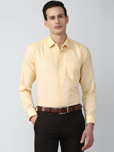 Peter England Yellow Regular Fit Striped Shirt