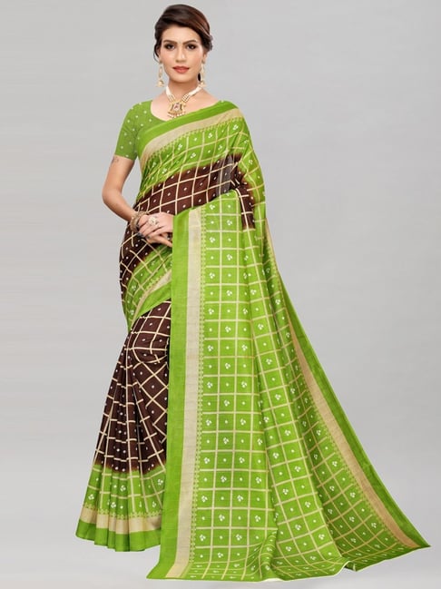 Satrani Green & Brown Chequered Saree With Unstitched Blouse Price in India